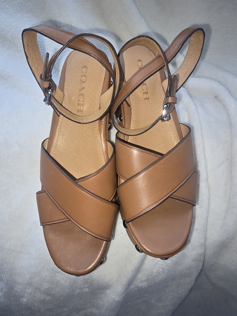 Coach Tan Leather Crisscross Platform Sandals - Picture 2 of 7